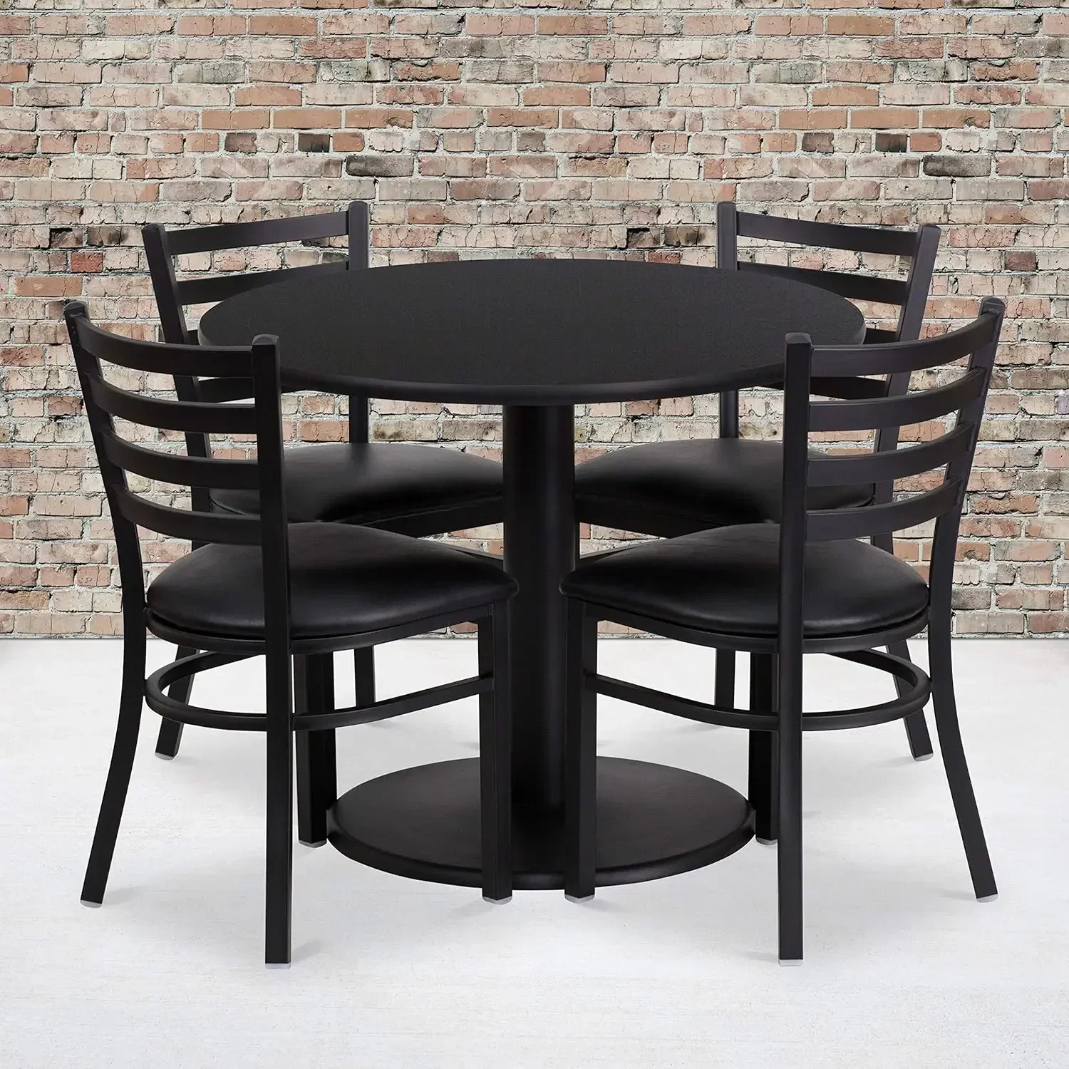 Furniture 36'' Round Black Laminate Table Set with Round Base and 4 Ladder Back Metal Chairs - Black Vinyl Seat