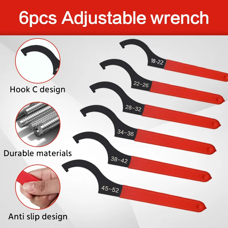 6PCS Half-moon Hook Wrench Non-Slip Spanner Wrench Set Durable Machine Tool Maintenance Wrench for Round Nut C Type & Car Repair - view 3