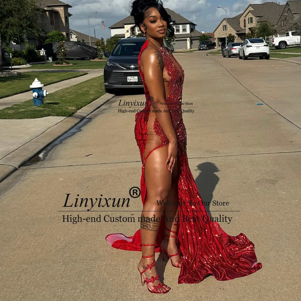 

Luxurious Beading Prom Dress for Black Girl Side Slit Sequin Mermaid Evening Party Gown Customized Sleeveless vestido madrinha