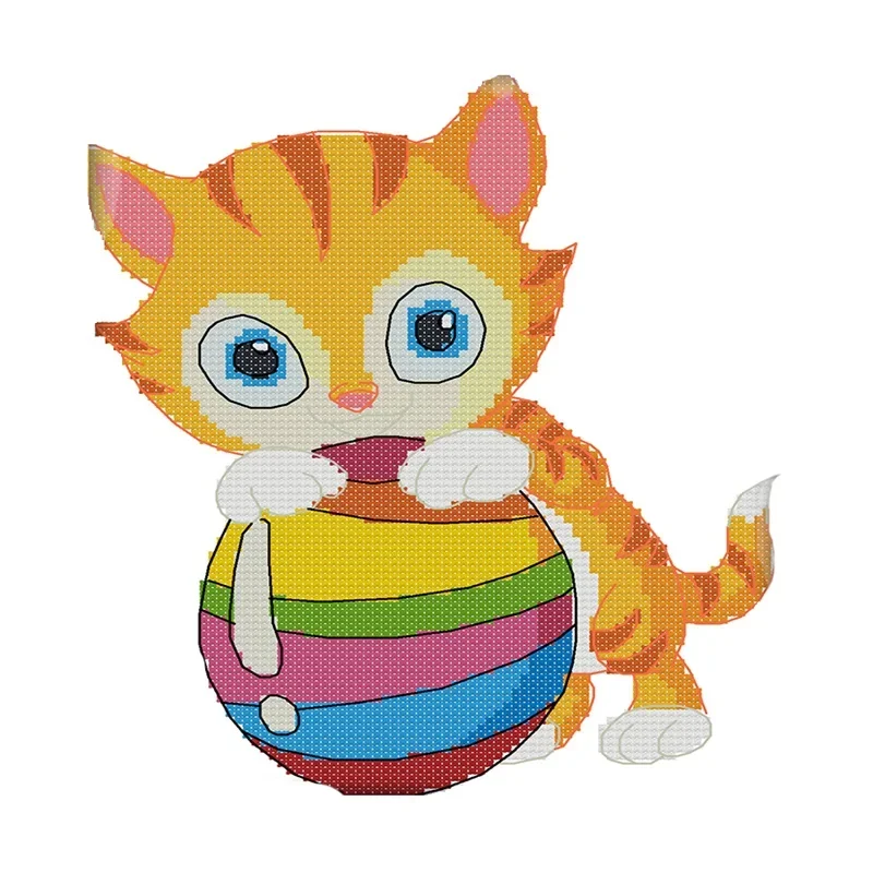 Joy Sunday 100%Cotton Thread Cross Stitch Kits 11CT 14CT Printed The Cat Playing with A Ball Cross Stitch Patterns Embroidery