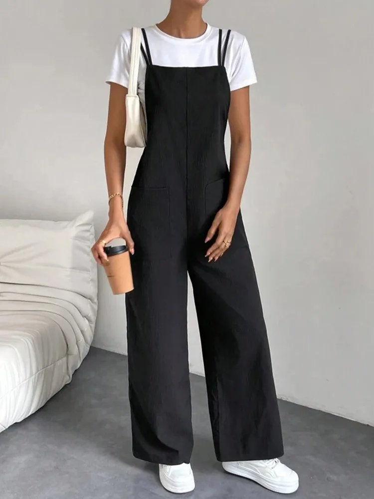 Fashion Casual Women\'s Soild Black Color Pants Pocket Double Shoulder Thin Shoulder Straight Overalls Wide-leg Long Pants