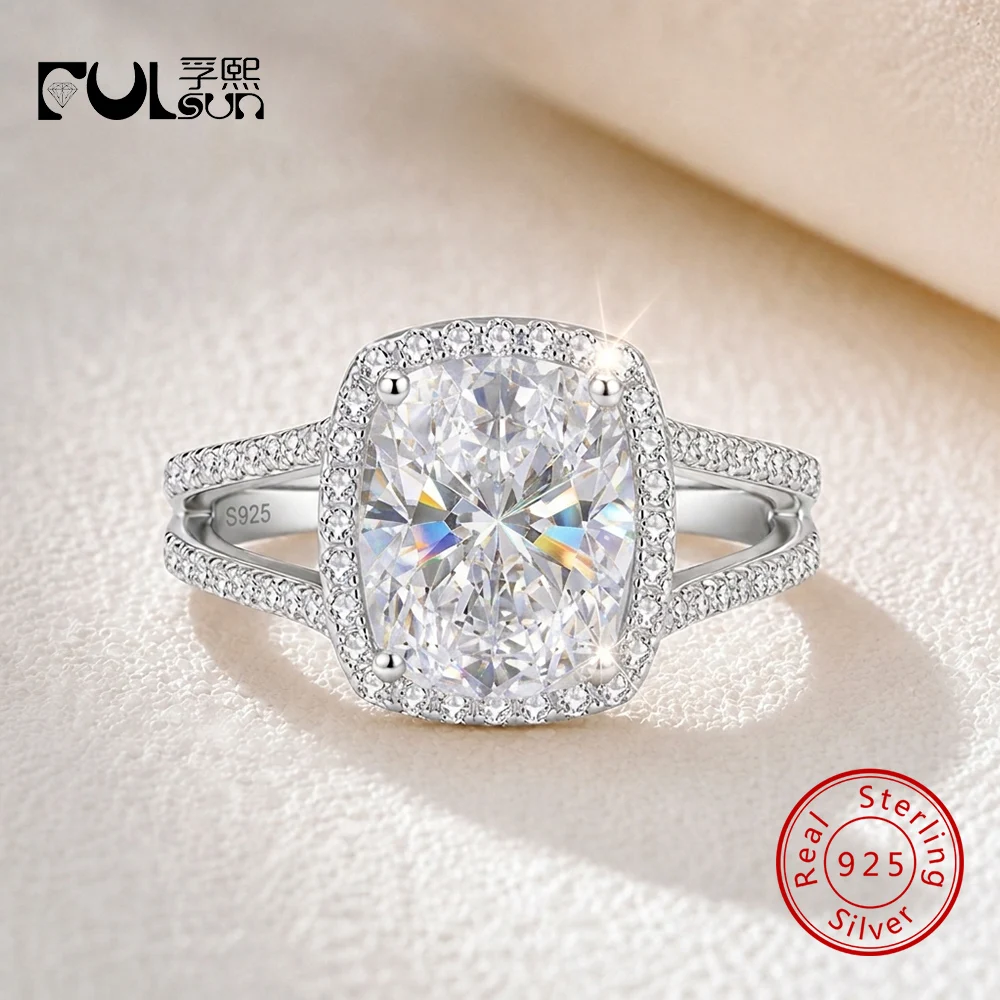 Women 925 Sterling Silver Platinum Plated 6CT Cushion Moissanite Halo Split Shank Pave Ring Wedding Engagement Promise Ring GRA