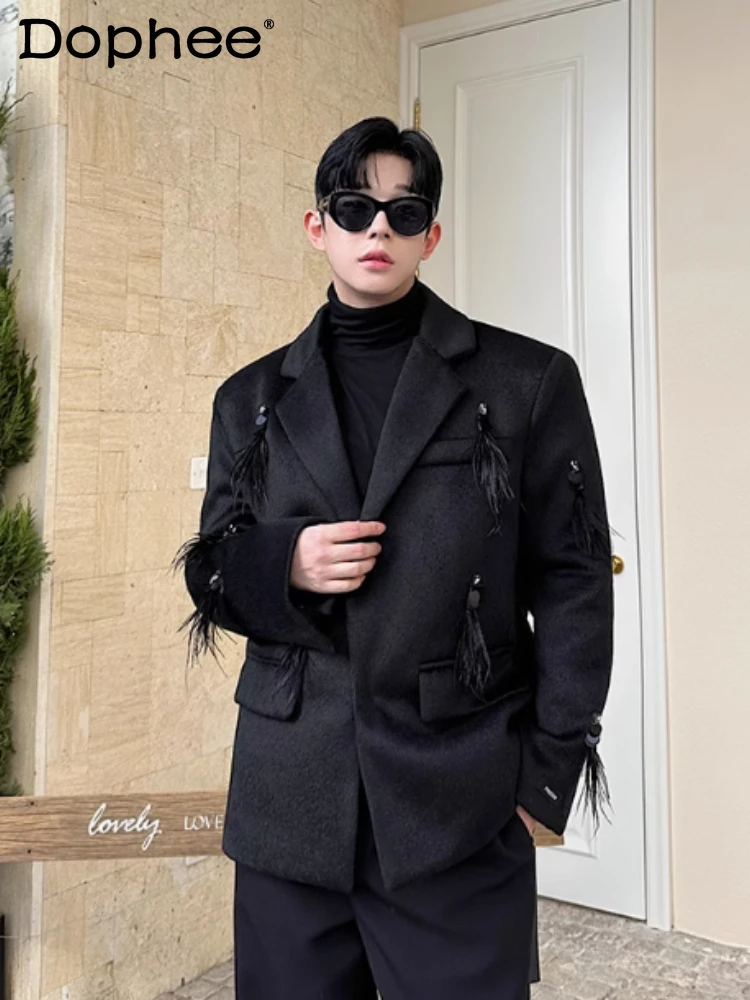 

Men's 2024 Winter Fashion Blazers High-end Feather Tassels Black Woolen Jackets Thickened Shoulder Padded Woolen Suit Jackets