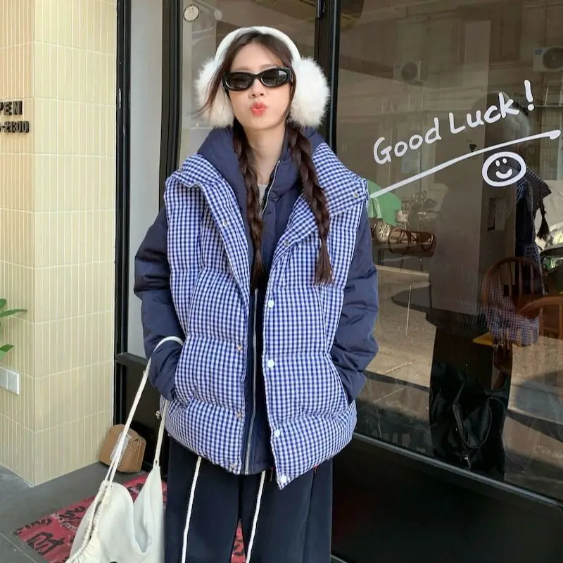 

Vest Women Parkas Autumn Winter Fiber Filling Korean Fashion Plaid Short Coat Girls Keep Warm