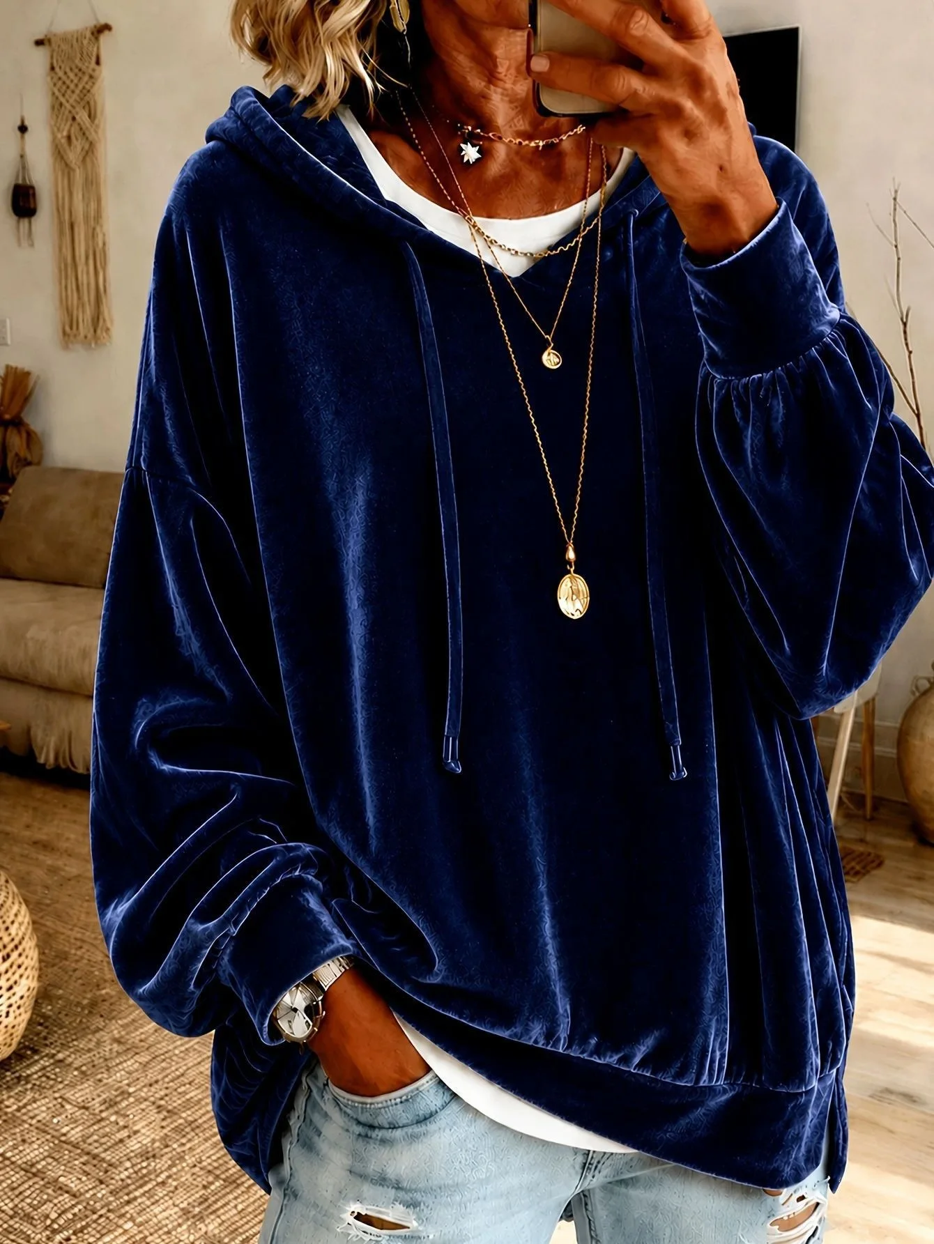  2026 Women Velvet Hoodie Drawstring Long Sleeve Sweatshirt Solid Loose Pullover Tops Elegant Casual Hooded Autumn Winter Fashi