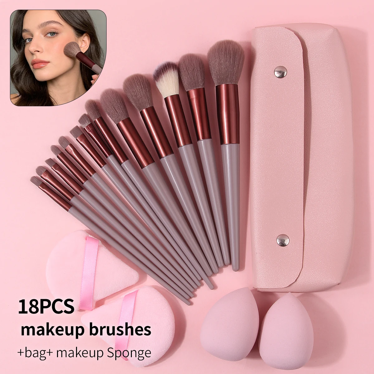 18本のプロフェッショナルメイクブラシセット - 多機能フェイシャルブラシセット + ソフトスポンジパウダーパフ + ポータブル収納バッグ