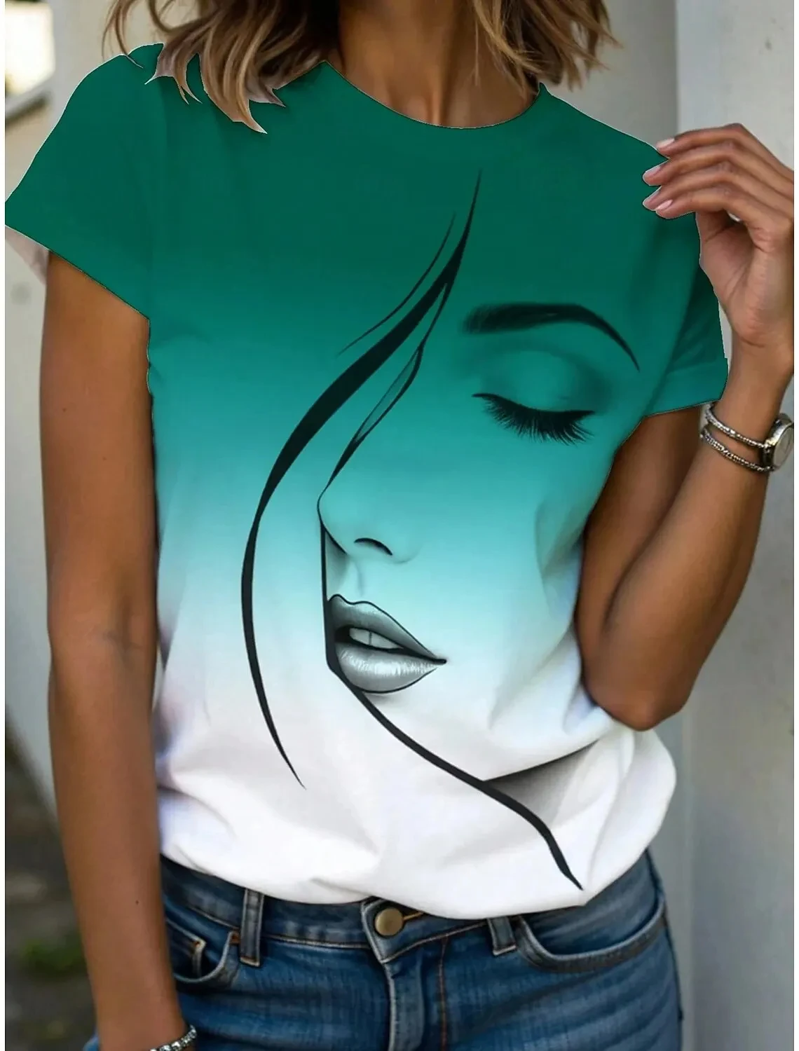 Summer Abstract Face 3D Print T-shirts Women Streetwear Casual Fashion Y2k Short Sleeve T Shirt O-neck Tees Tops Clothing