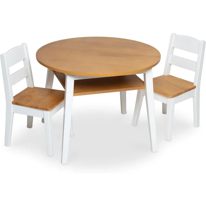 Wooden Round Table & 2 Chairs – Kids Furniture for Playroom, Light Woodgrain & White 2-Tone Finish