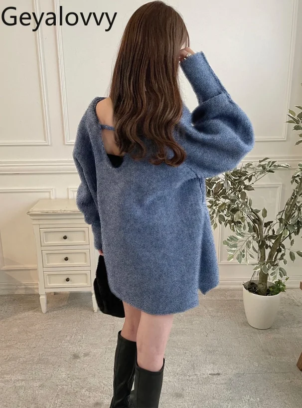 เสื้อสเวตเตอร์คอวี สไตล์ญี่ปุ่น สำหรับฤดูใบไม้ร่วงและฤดูหนาว เสื้อถักหลวมๆ แฟชั่น ขนปุยผสมขนสัตว์ เสื้อสวมหัวสำหรับผู้หญิง