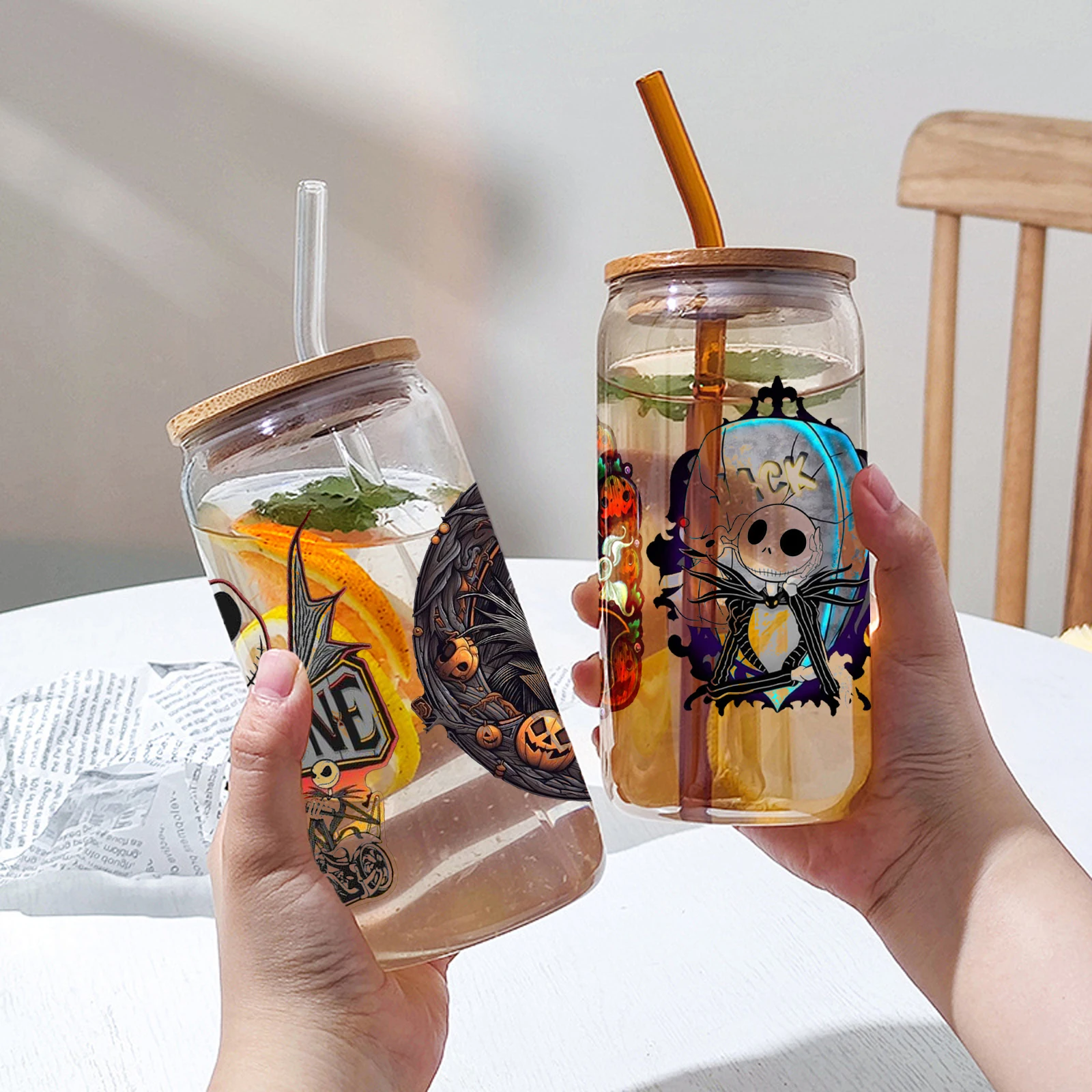 ديزني الكابوس قبل عيد الميلاد 16 أوقية الأشعة فوق البنفسجية DTF كأس يلتف زجاجة ملصق للزجاج Libbey يمكن زجاجة ذاتية اللصق مقاوم للماء