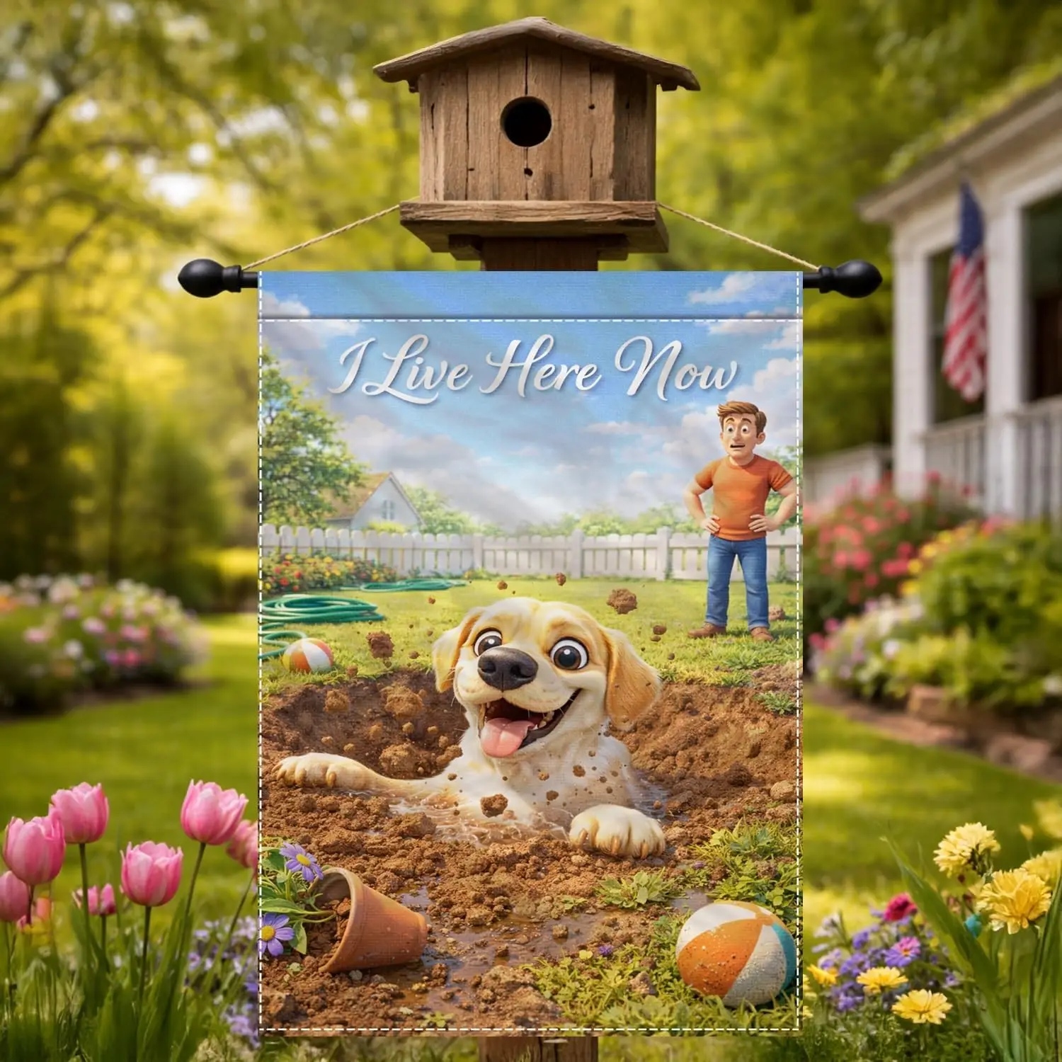I Live Here Now Funny Dog Garden Flag 12x18 Inch Double Sided Polyester Muddy Puppy Outdoor Porch Decor kkz