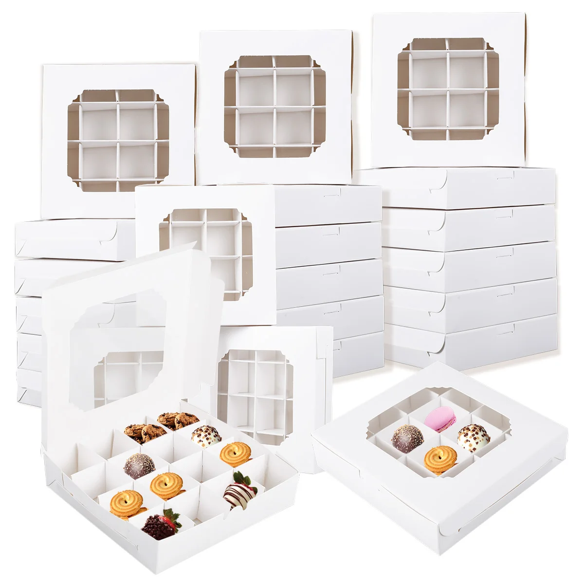 20/40 Stück leere Fensterkästen aus weißem Papier, leere weiße Auswahl und gemischte Geschenkboxen, transparente Fenster mit Einsätzen