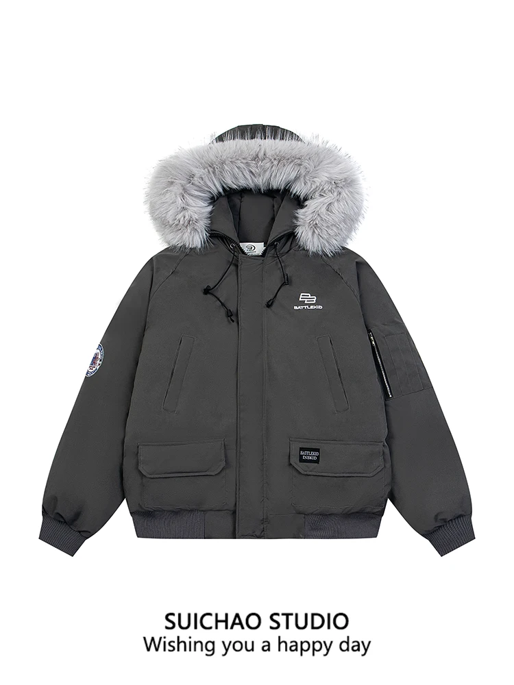 

Suichao American Retro Classic Quilted Jaet Winter Warm Casual Loose Water Resistant Coat with Fur Collar Polyester Fiber