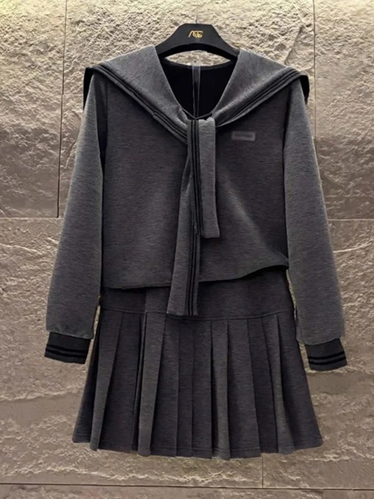 

Autumn Faionable Navy Collar College Sle Women's Outfit ort Skirt Two-Piece Set Regular Sve Long Sve Cotton Blend