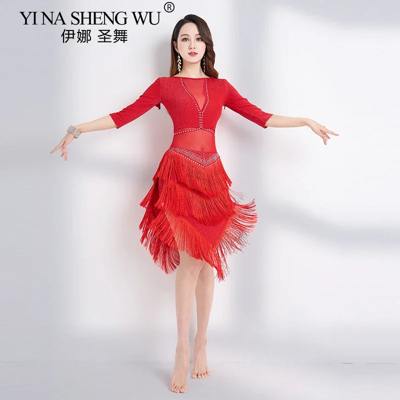 

2PCS Women Belly Dance Costume Hot Diamond Fringe Skirt Set Ladies Latin Dance Performance Skirt Top Modern Dance Practice Suit