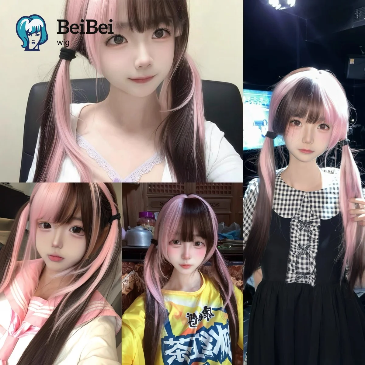 Wig Sorotan Merah Muda Lolita Strawberry Cookies Wig Rambut Lurus Panjang 24 Inci untuk Wanita Wig Sintetis Lucu untuk Penggunaan Sehari-hari Cosplay
