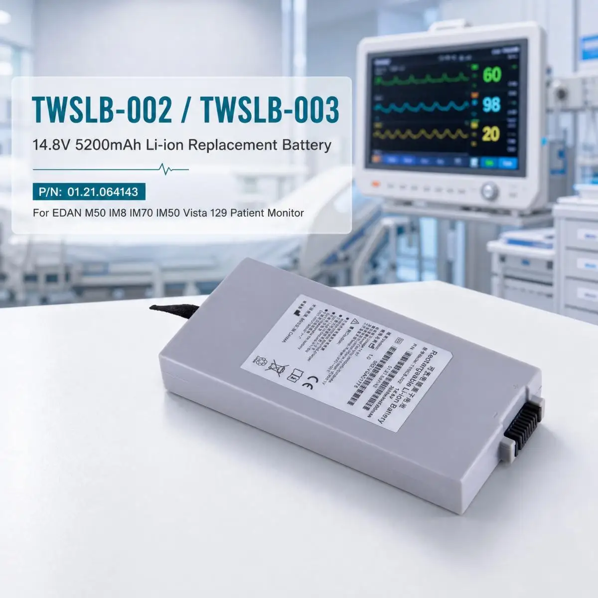 TWSLB-002 TWSLB-003 14.8V 5200mAh Li-ion Replacement Battery 01.21.064143 for EDAN M50 IM8 IM70 IM50 Vista 129 Patient Monitor