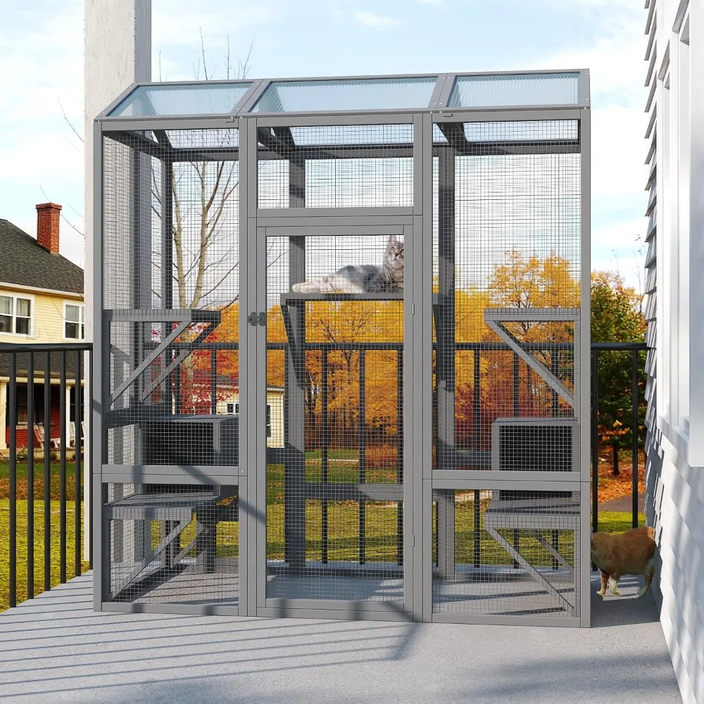 

Outdoor Cat Enclosure, Large Cat House for Winter with Weatherproof Cover, Solid Wood Feral Cat Shelter