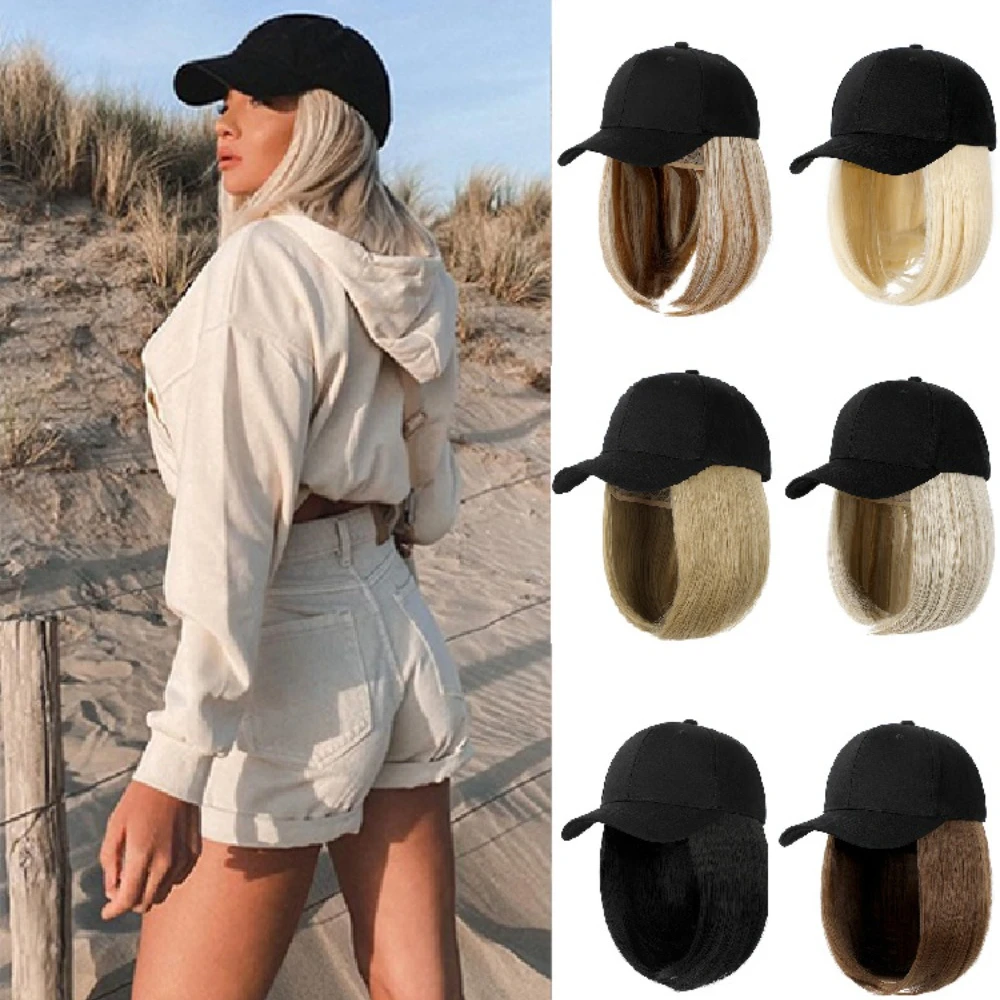 613# Hat Wig with Short Bobo Hair and Duckbill Cap for Women with Brown and Gold Short Colors cap hair straight hair ladies wigs