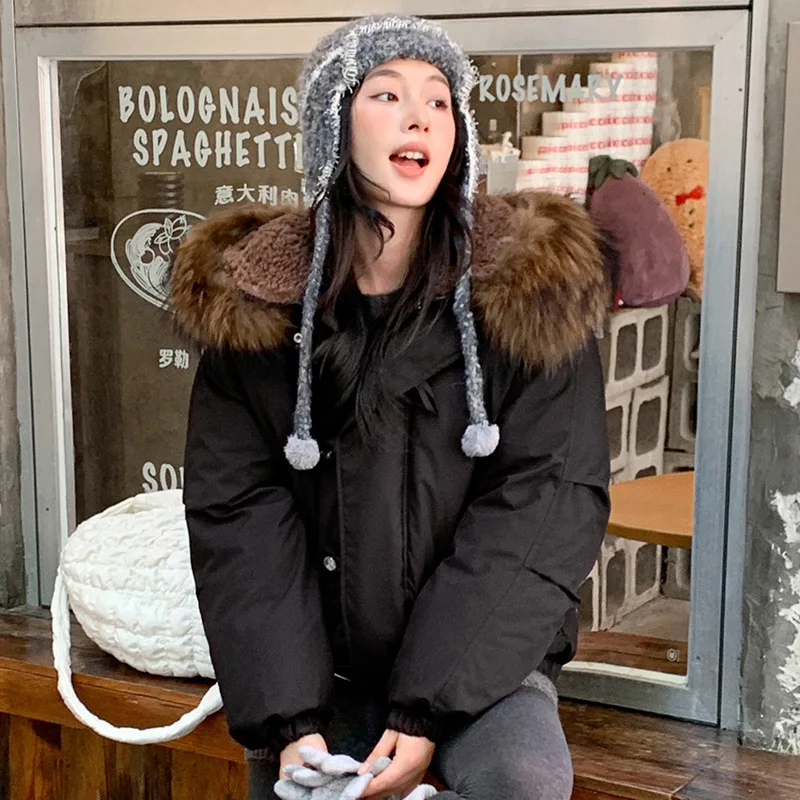 Women's Autumn Winter Top Coat Cotton Coat Fur Collar Horn Button Hood Thickened Warm Retro Comfortable Casual Niche Versatile