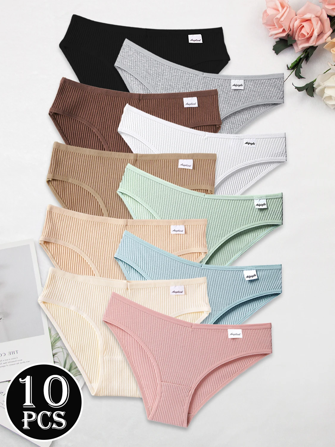 10PCS Women's Pure Cotton Panties Ribbed Briefs Low-Rise Breathable Female Soft Underwear Solid Colors Lingerie Stylish Casual - Image 3