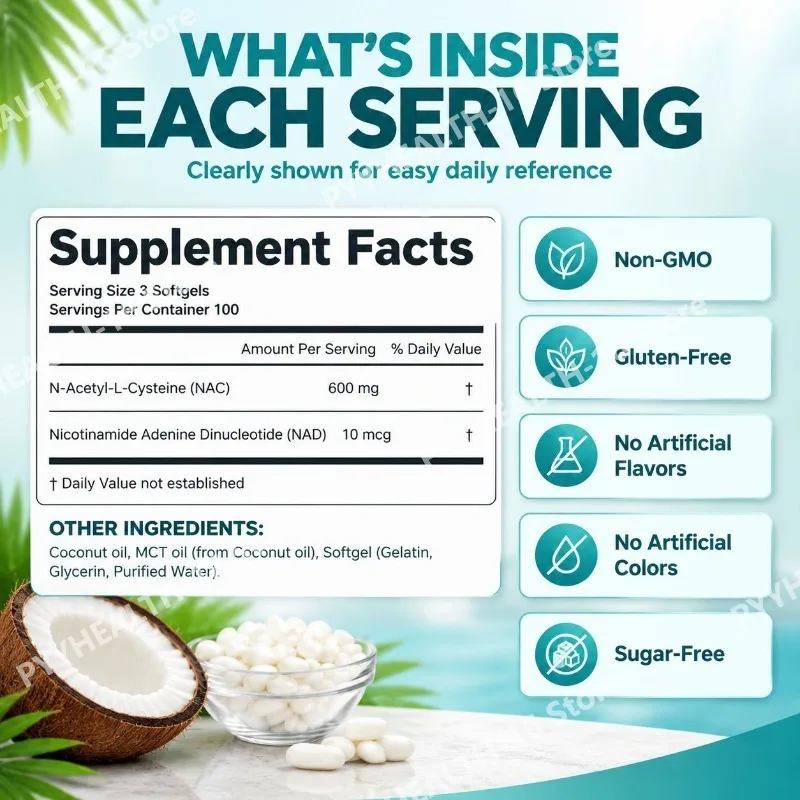 NAC Softgels with NAD+ Coconut & MCT Oil, Antioxidant Cellular Energy Liver & Metabolic Wellness Support Non-GMO 300 Softgels