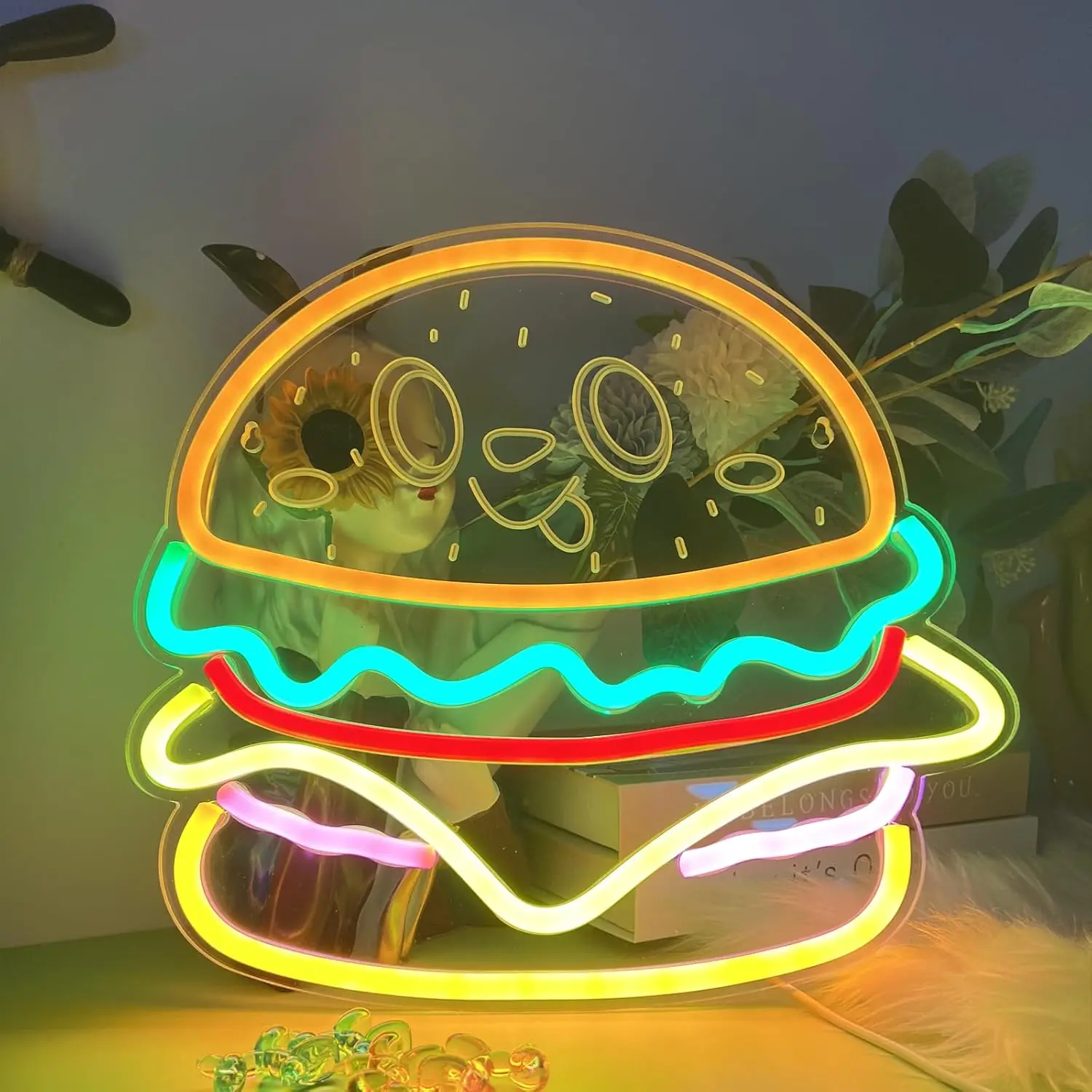 Hamburger Neon Sign Smiling Face Design LED Neon Light for Wall Decor USB Powered for Home Restauran Burger Shop Bar Decoration