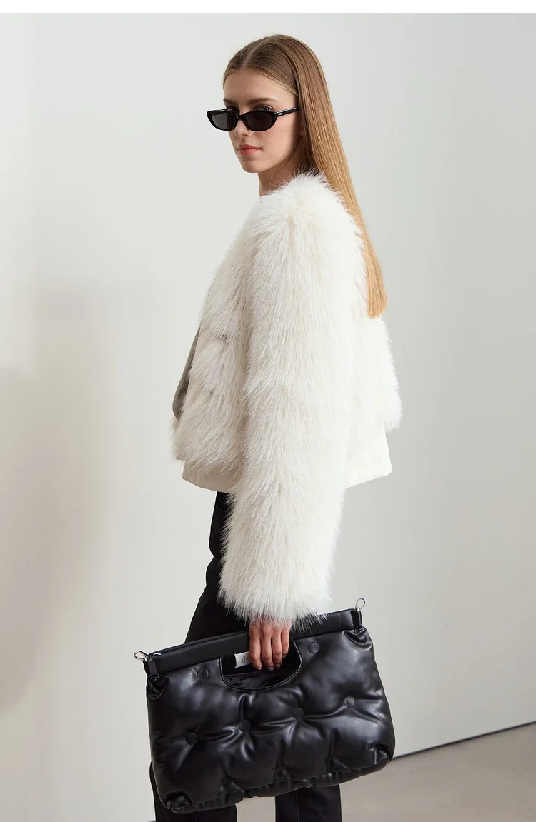 AMII 2026 Winter New Fur Jacket Solid Color Modern Warm Outerwear V-neck Imitation Fur Loose Spliced PU Top Female 12424012