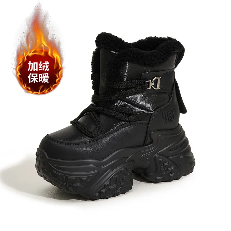 

10 см 2025 пуховые кожаные модные женские ботильоны из микрофибры на платформе, дымоход на танкетке, зимняя плюшевая осенне-весенняя теплая обувь