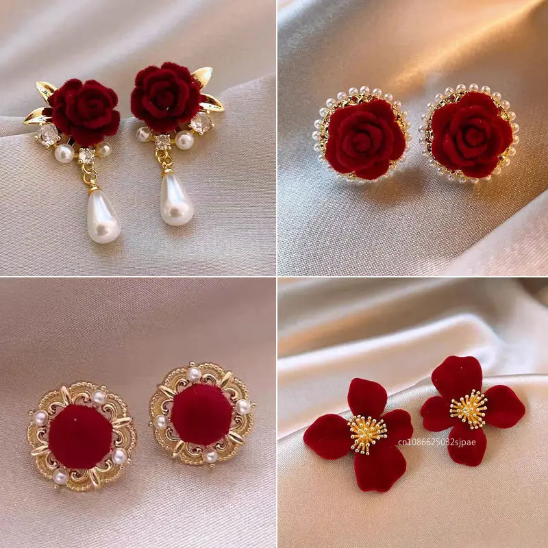 Red Velvet Rose Pearl Stud Earrings Ladies Earrings New Year's Golden Metallic Floral Studs Earrings Party Gift Accessories