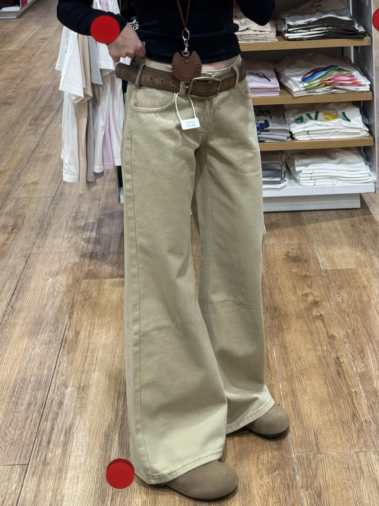 ローウエスト ベルボト デニム ジーンズ レディース カーキ ヴィンテージ スレ ルーズフィット フロアレングス 快適なストレッチ 秋パンツ
