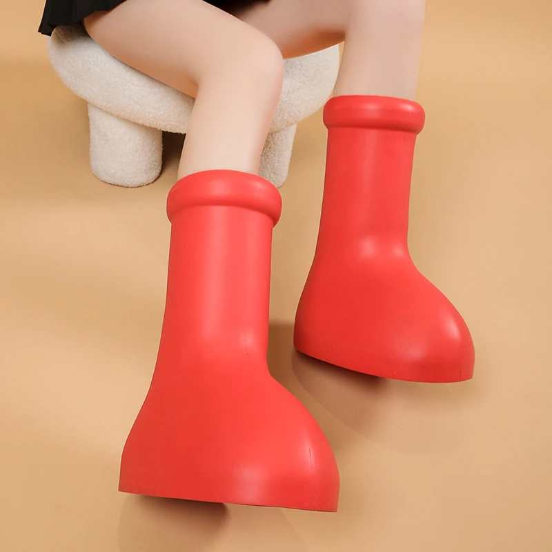 

Red Boots Fashion Rain Boots Thick Soles Large Round Toe Rubber Soles Antiskid Cartoon Boots Women's Funny Cute Women's Shoes