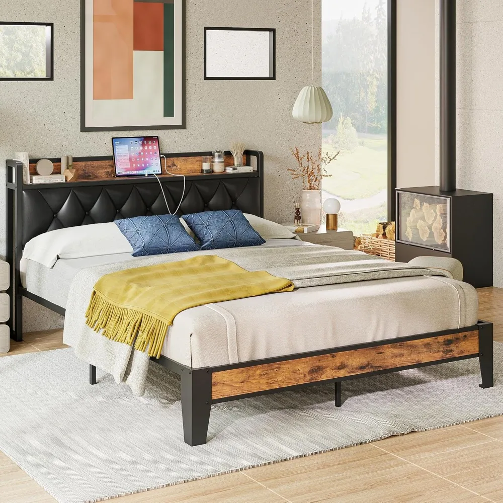 

Full Bed Frame, Storage Headboard with Outlets, Easy to Install, Sturdy and Stable, No Noise, No Box Springs Needed, Rustic Bro