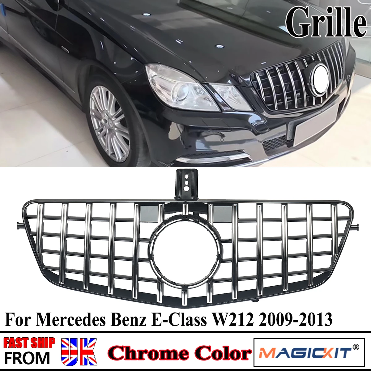 Grille Assembly Fit For Mercedes Benz W212 E-Class E350 E500 E550 2009-2013 GT R Front Grill Chrome with Black Magickit