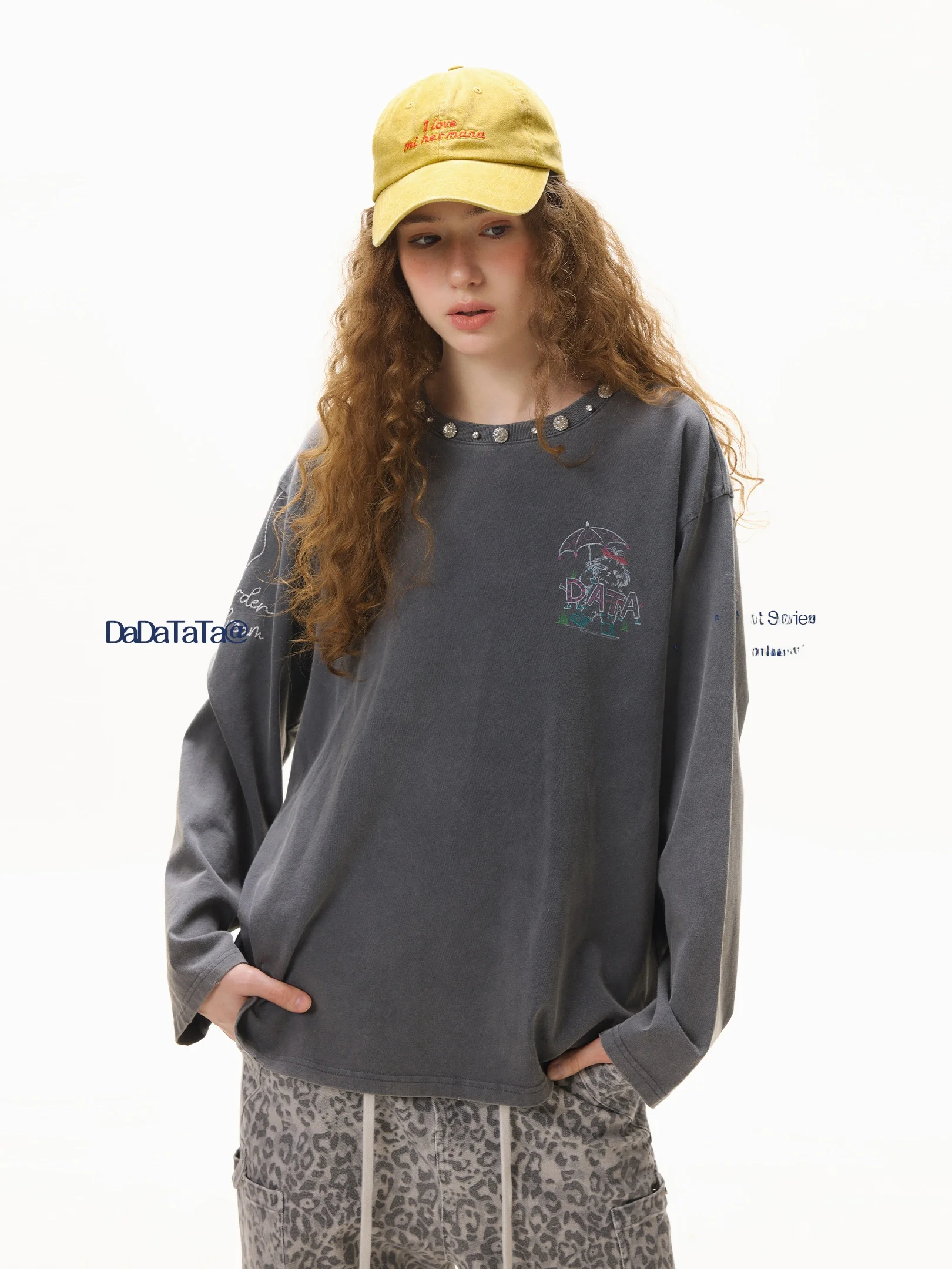 

Dta2026 Spring New Pure Cotton Long Sve T-irt with Diamond Crystal Collar Women's Commute Sle Stand Fit Cotton