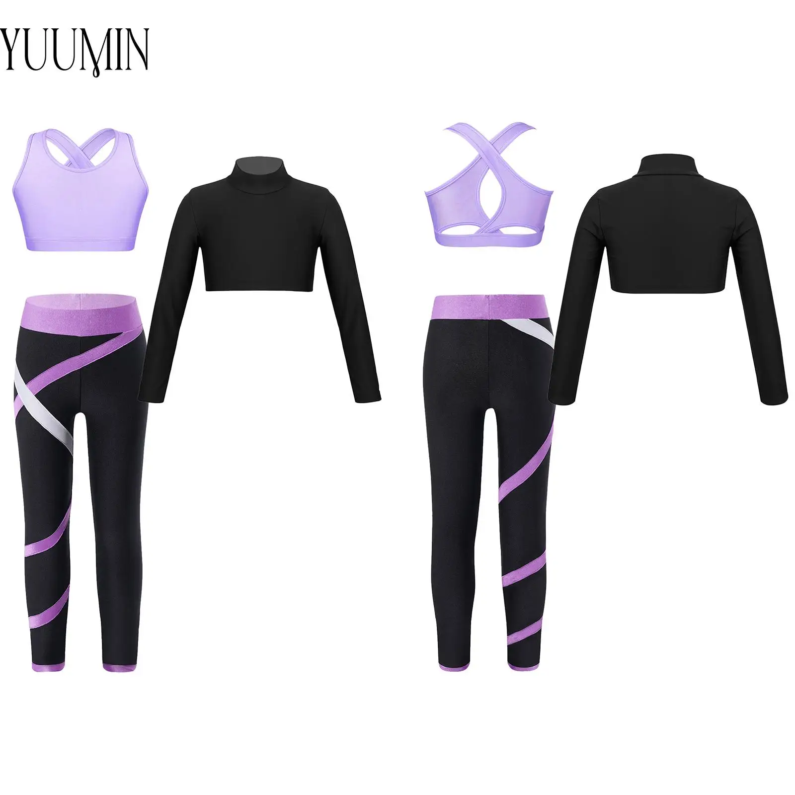 

Kids Girls Sports Sets Long Sleeve Crop Top with Sleeveless Bra Top Leggings for Dance Gymnastics Performance Workout Fitness