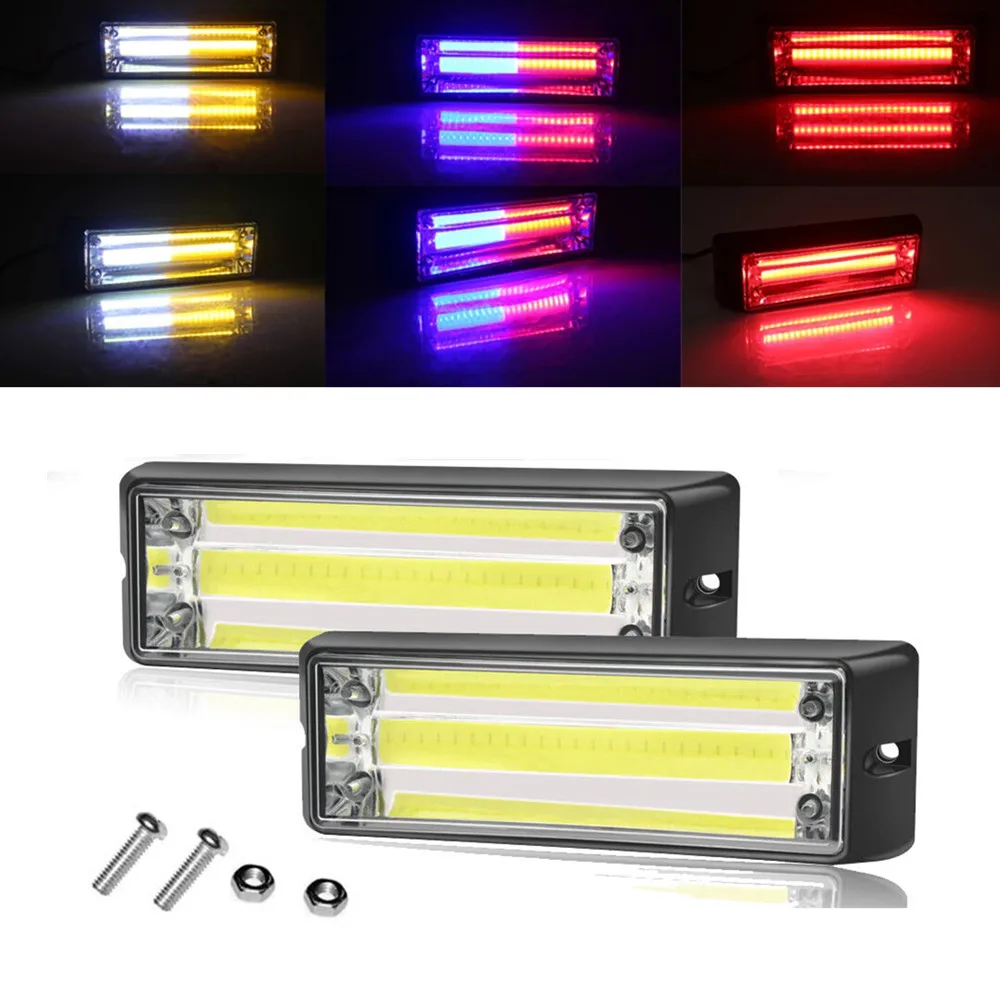 2PCS COB LED Warning Light Emergency Front Grille Flashing Strobe Amber 12v 24v for Car Trailer Pickup Strobe Light Bar