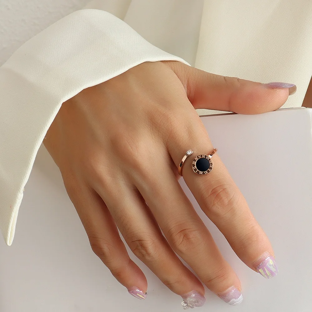 Roman Numeral Zircon Tail Ring Vintage Adjustable Opening Black Shell Wide Edge Rings Stainless Steel Aesthetic Open Ring