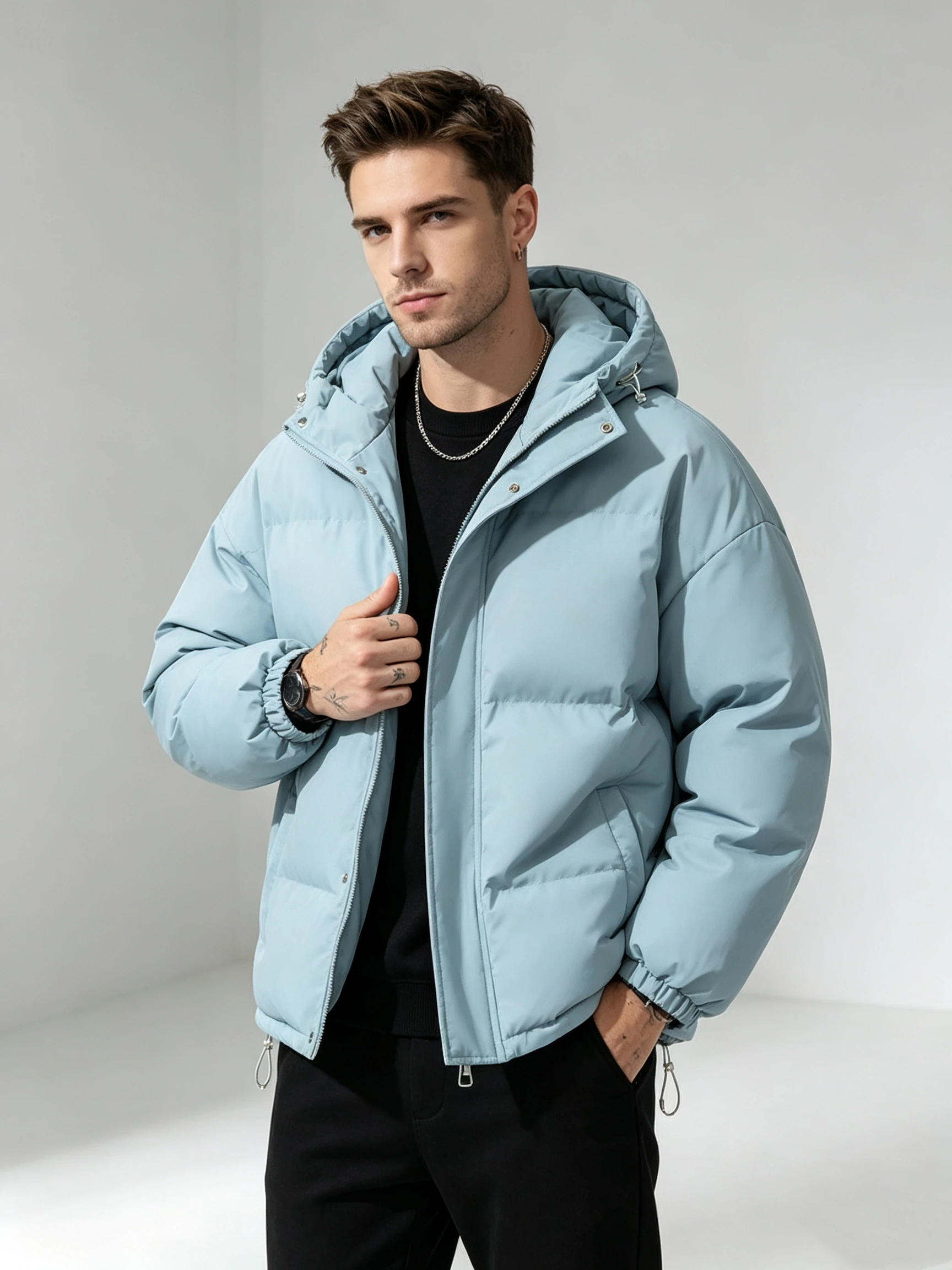 Men's Glacier Blue Hooded Puffer Jacket, Winter Warm Quilted Coat, Adjustable Hem Casual Thick Outerwear