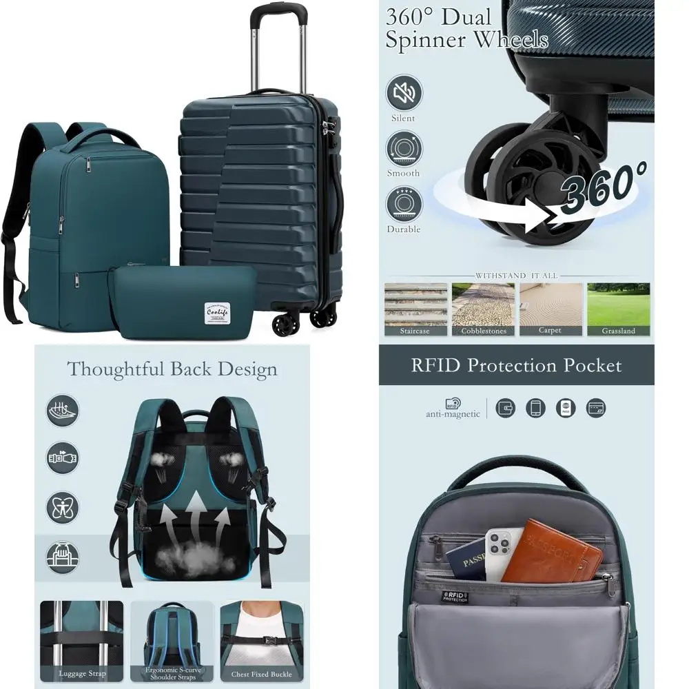 Juego de equipaje de 3 piezas con maleta de mano giratoria de 20 pulgadas, maleta rígida y mochila de viaje - Azul verde azulado