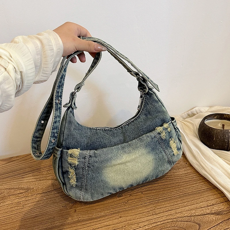 

Fashion Women Denim Shoulder Bag High Quality Ladies Handbags Messenger Bags for Women Casual Female Zipper Saddle Crossbody Bag