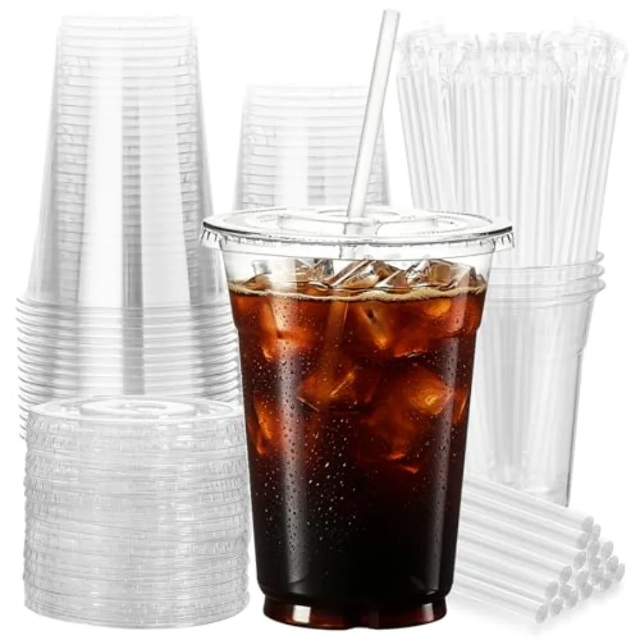 

16 oz 25 Pack Clear Plastic Cups with Lids and Straws, [Snap-Lock Leak-Proof] Thickened Disposable Iced Coffee Cups for Smoothi