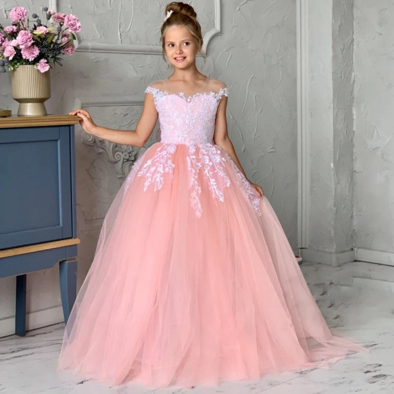 Flower Girl Dresses Pink Tulle Pattern Appliques With Bow Ribbon Sleeveless For Wedding Birthday Party First Communion Gowns