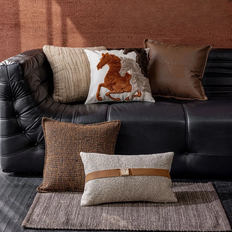 Premium Faux Fur & PU Leather Cushion Cover Vintage Belt Buckle Patchwork Pillowcase Soft Throw Pillow Case for Couch Home Decor