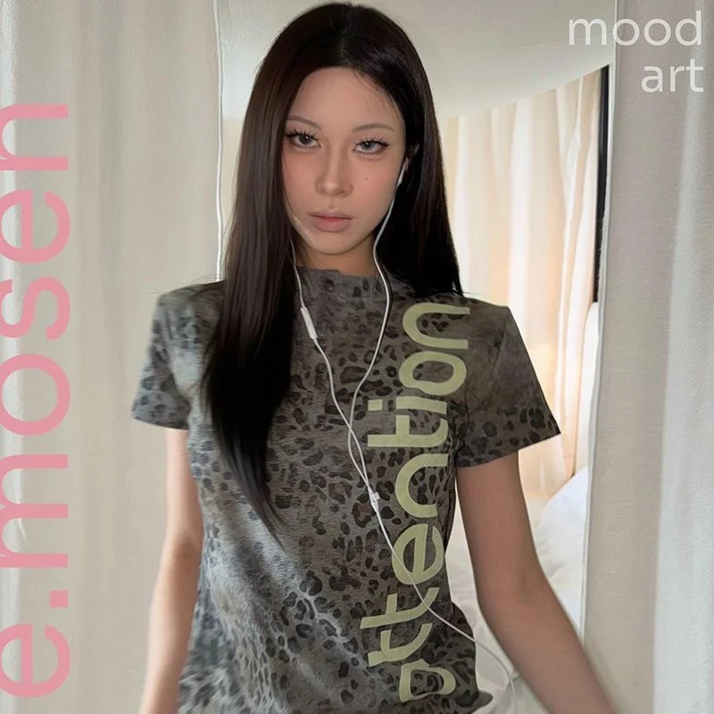 

Y2k Korean brown sand leopard print shoulder Henley collar street subculture short sleeved T-shirt women's summer new top
