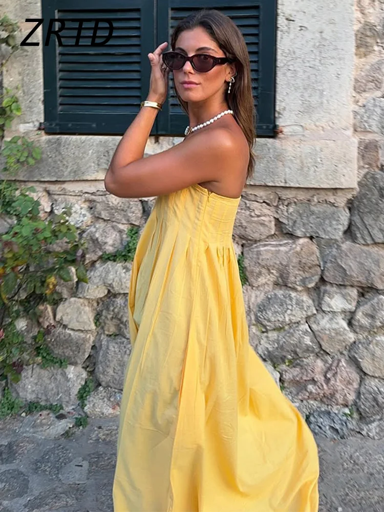 Vestido largo holgado sin tirantes para vacaciones, vestidos plisados elegantes sin mangas y espalda descubierta para mujer, batas de playa lisas para verano 2025