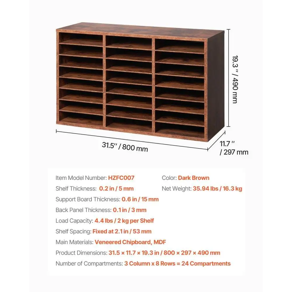 24 Compartment Wooden Mailbox Organizer Particle Board Storage Office Classroom File Sorter Dark Brown Document Holder