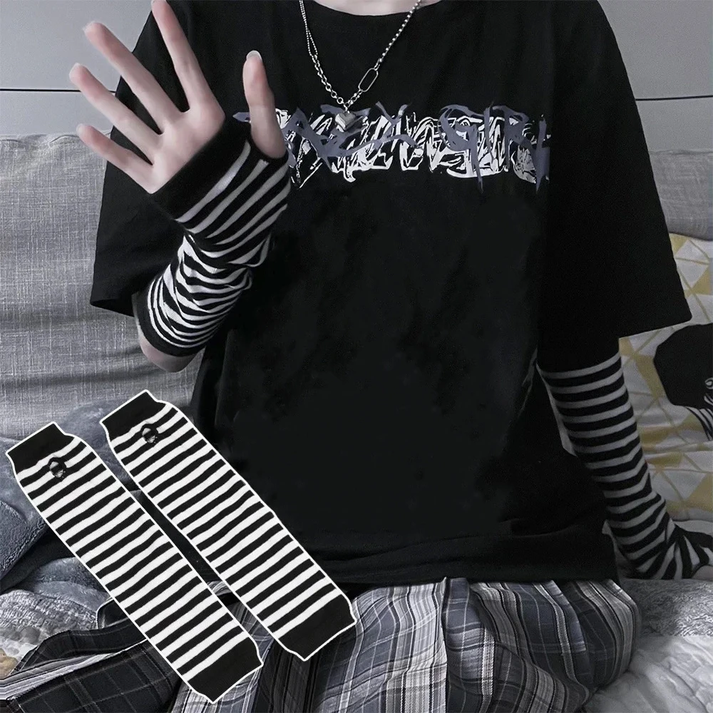 1Pair Fingerless Gloves Gothic Punk Anime Women Girl Elbow Long Mittens Stretch Windproof Warm Women Thin Knitted Arm Cover