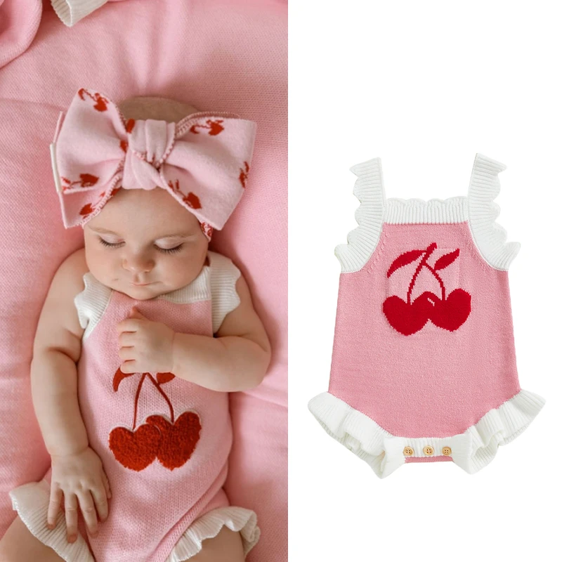 FOCUSNORM 0-18M Lovely Baby Girls Boys Spring Knit Romper Color Patchwork Sleeveless Ruffle Trim Fruit Embroidery Jumpsuits