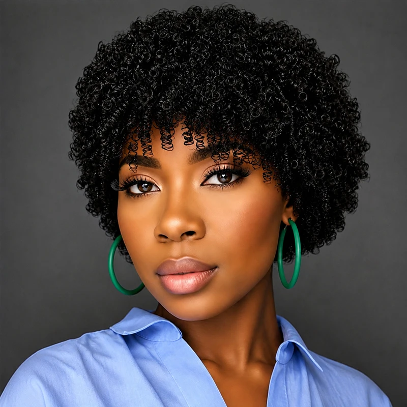 8-inch black curly wig for women, perfect for everyday wear during Easter, easily creating a stylish look.